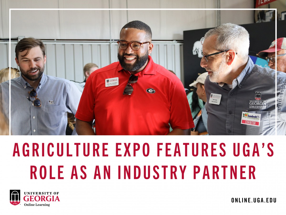 From left, Blake Raulerson, Alton Standifer and Nick Place talk with CAES Ambassadors at the Sunbelt Ag Expo in Moultrie, Georgia. (Photo by Claire Sanders)