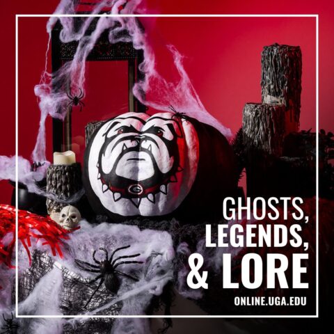 Ghost, Legends, and Lore graphic with UGA dawg pumpkin on red spooky background