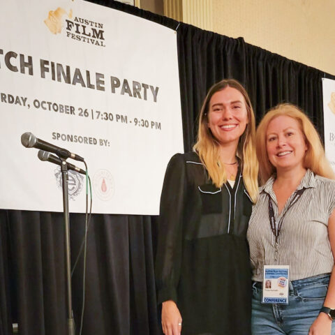 Tricia Horvath (right) poses on stage before giving her pitch. (Photo courtesy of Tricia Horvath.)