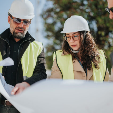 Three construction engineers in hard hats and high-visibility vests review large blueprints together. The team discusses project plans and inspects drawings at an outdoor building site.