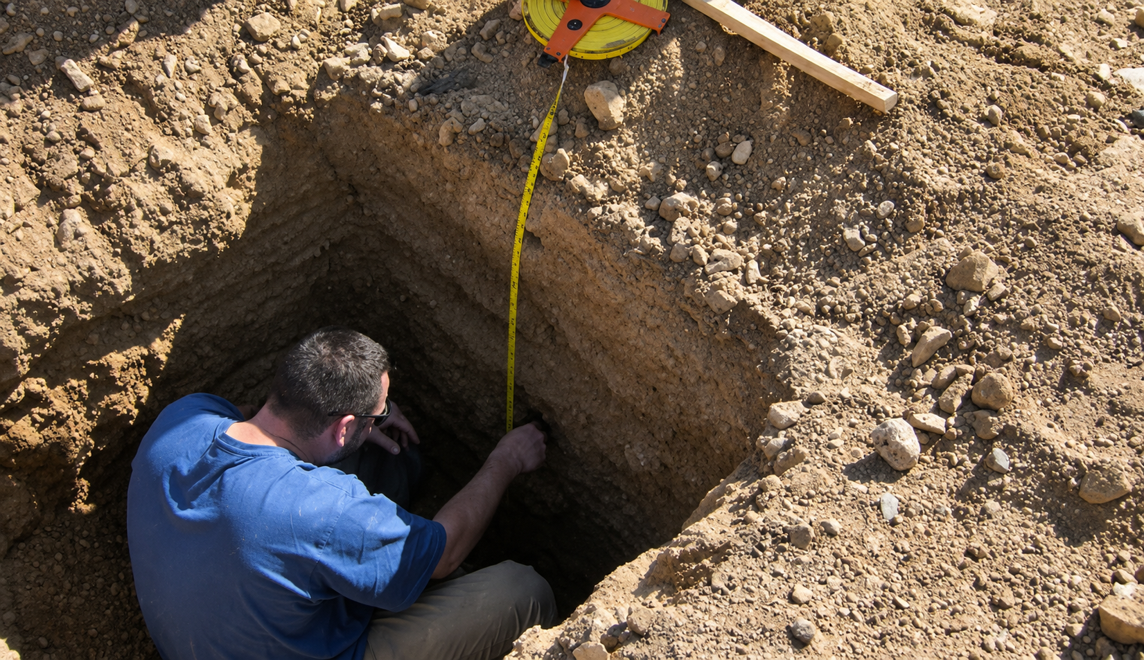 A person in a blue shirt sits in a rectangular hole in the ground, measuring its depth with a yellow tape measure. A spool of measuring tape lies on the edge of the hole.